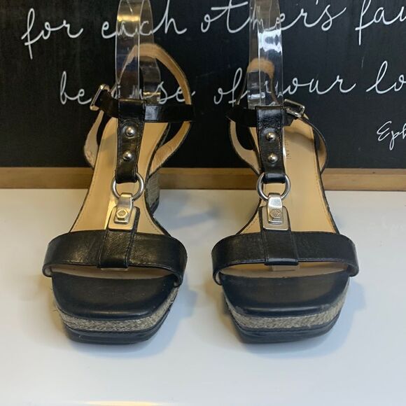 Antonio Melani Black Suede Slingback T-Strap Cork Wedge Heels - 10M - Picture 4 of 12